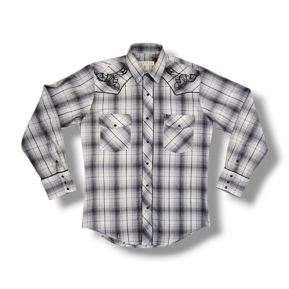 Roper Pearl Snap Long Sleeve Gray Plaid Silver‎ Stripe Western Shirt Men's S